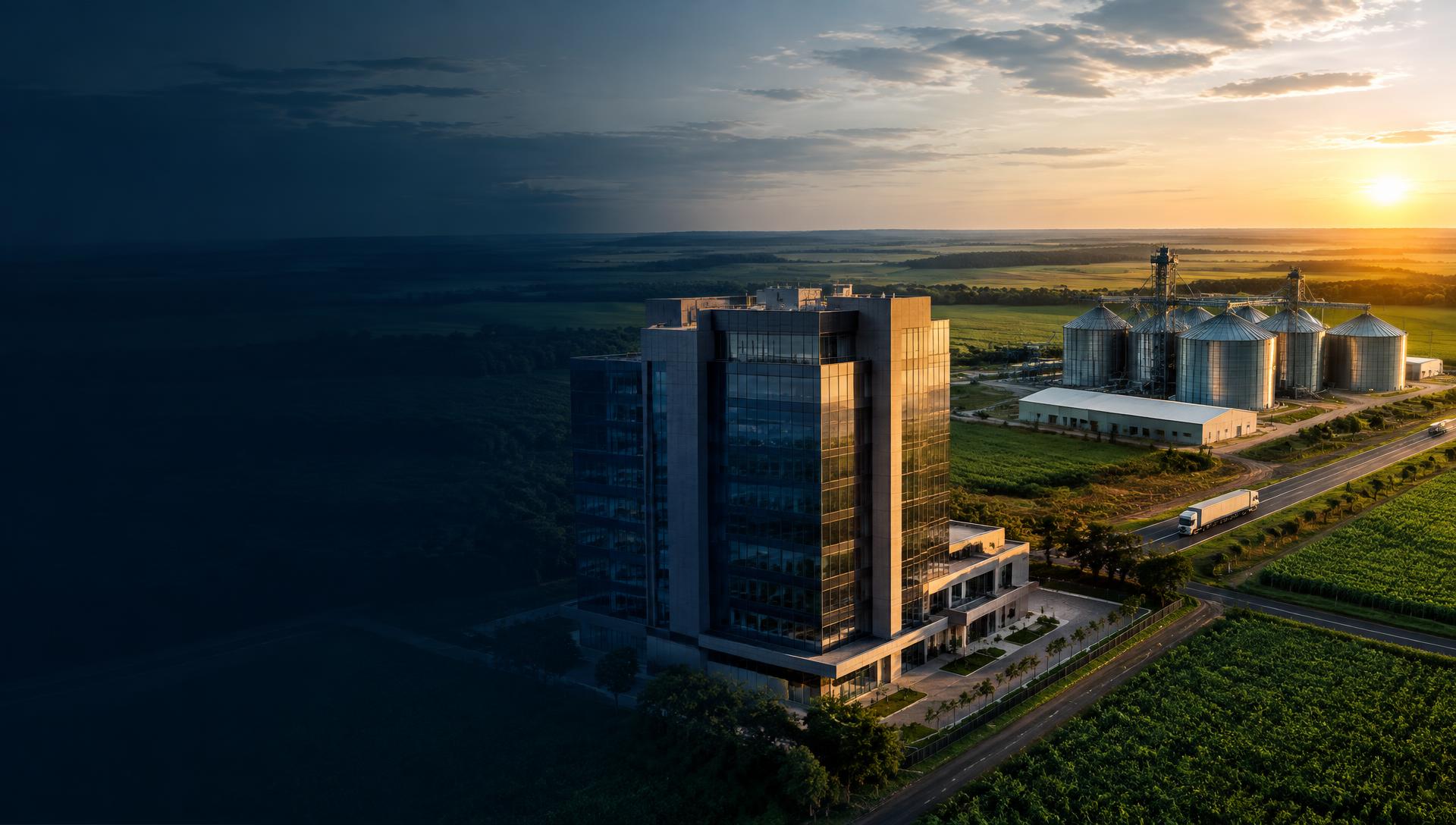 Infraestrutura corporativa, transporte e agronegócio ao entardecer